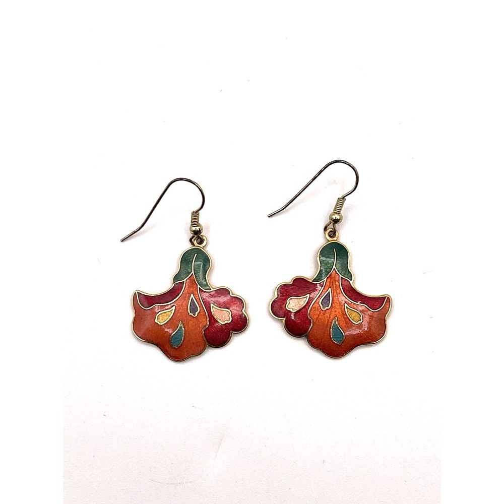 Cloisonne Enamel Floral Fan Dangle Earrings Red Green Gold Tone